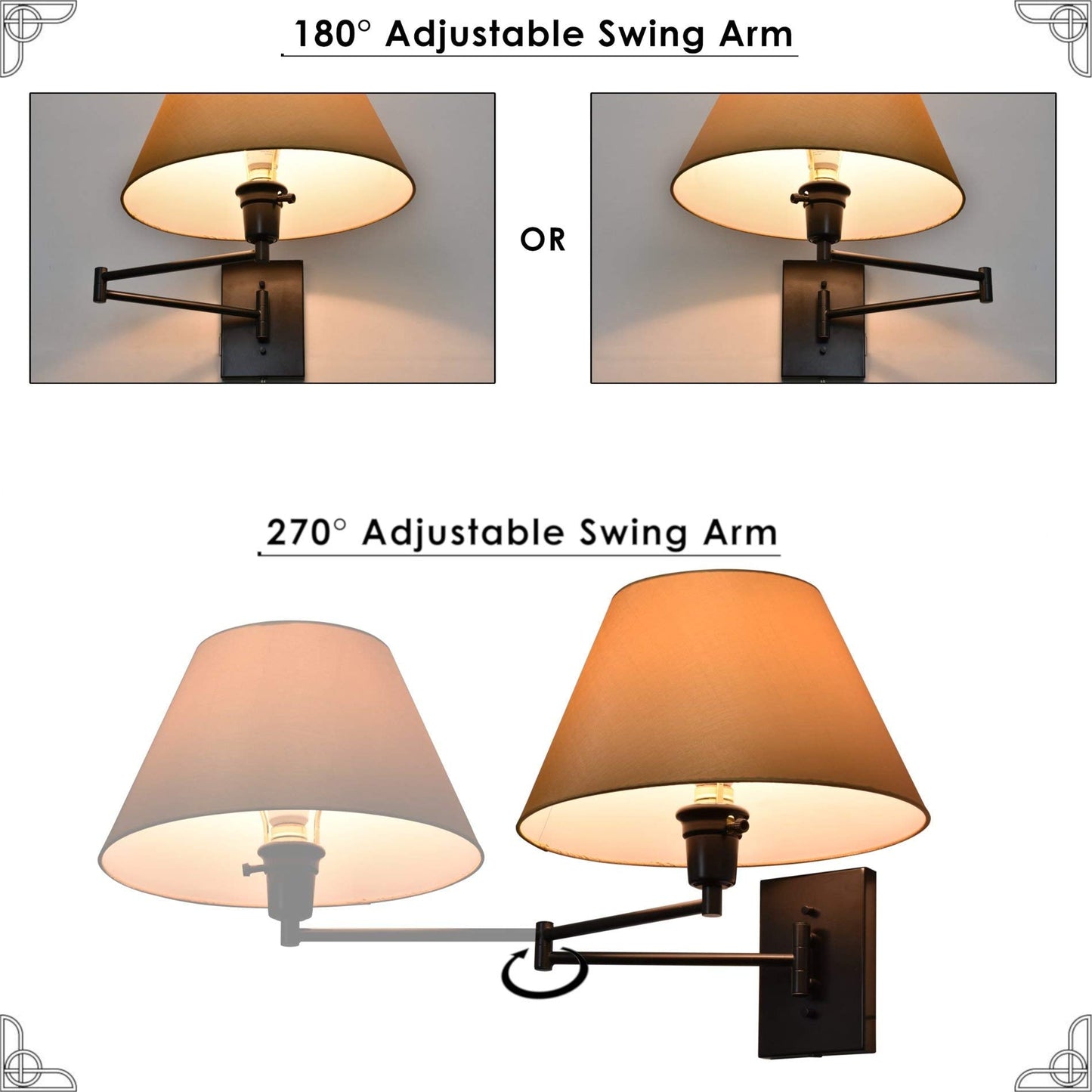 Kira Home 15in Swing Arm Wall Lamp - Plug-in/Wall Mount, 150W 3-Way, Metal, Black Finish, Golden Bronze Shade, Model RV-W7489-BK