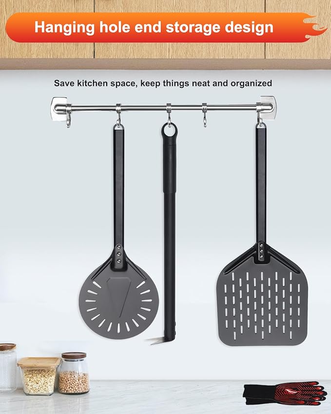 4PCS Perforated Pizza Peel 9&12 Inch, Heat-Resistant Oven Mitts, Bubble Spinner Turning Fork Pizza Peel Oven Tool Kit with 40 Inch Aluminum Handle for Home & Outdoor Pizza Ovens