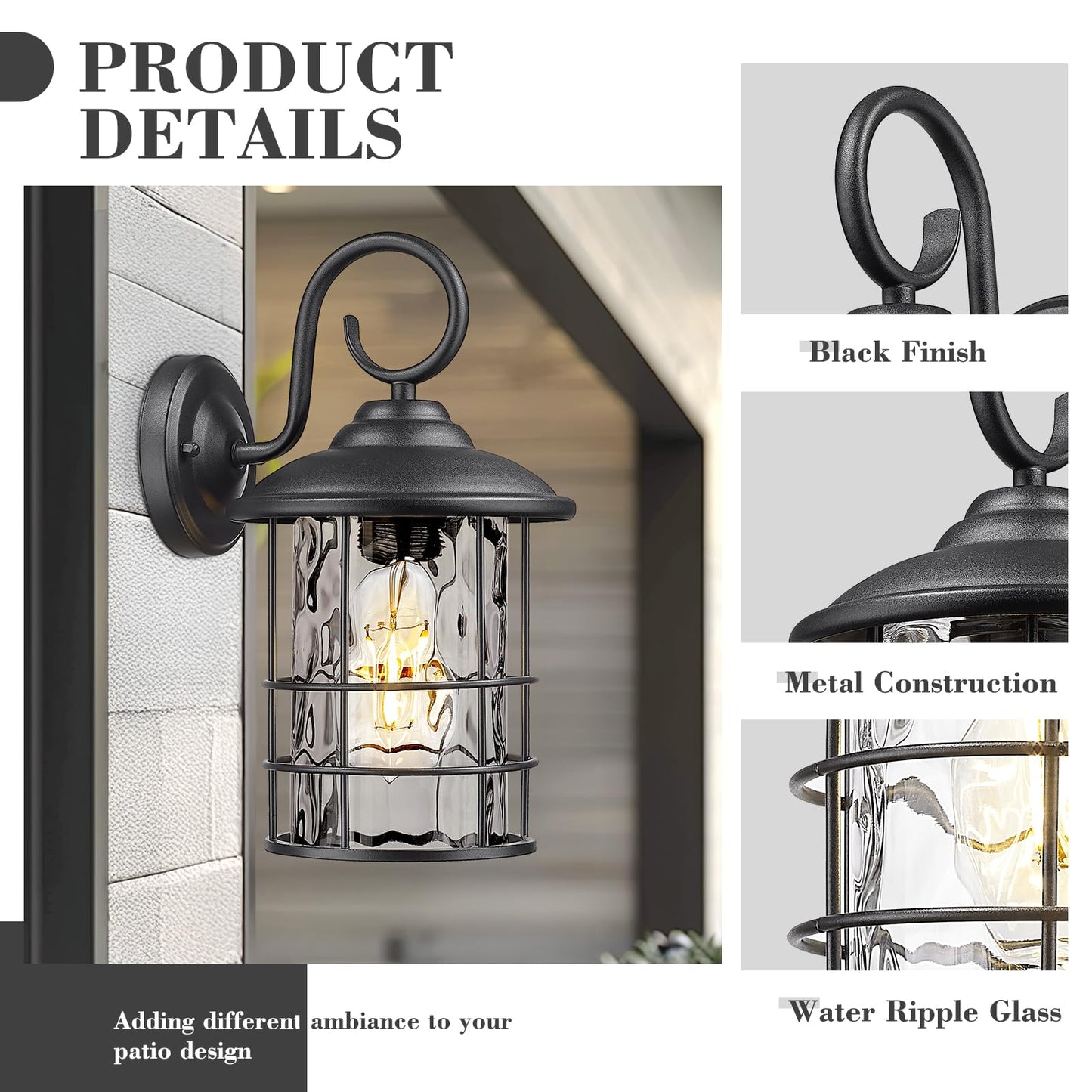 Emliviar Outdoor Wall Sconces, Vintage Black, Water Ripple Glass, E26 Base, 12.5 Inch, 2 Pack, Model 1803CW2-2PK-W