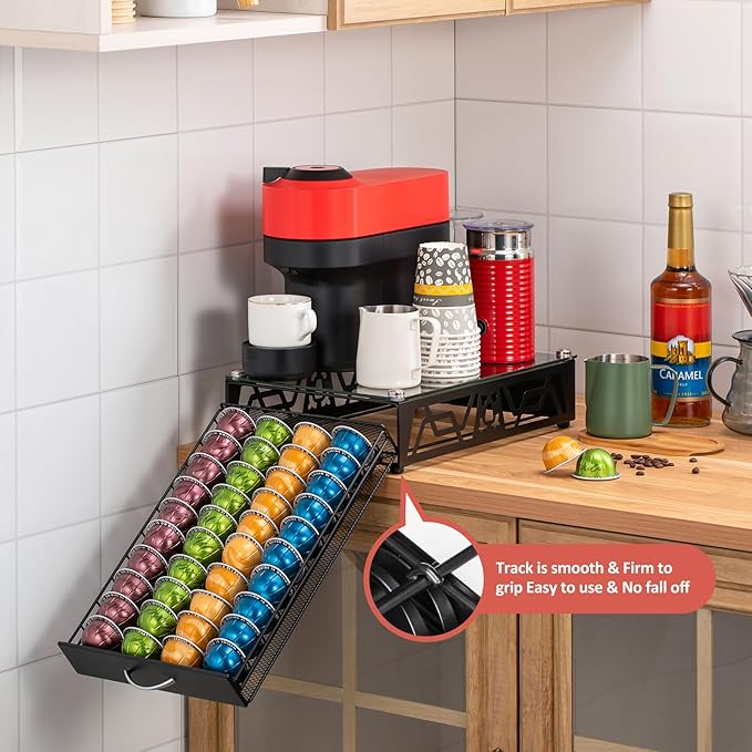 ZCDCP Pod Holder - Modern Sleek Black Metal Capsule Organizer for Nespresso Pod Storage Glass Top, Stylish Coffee Machine Stand for Coffee Bar, Office or Home Kitchen(40 Pods Capacity)