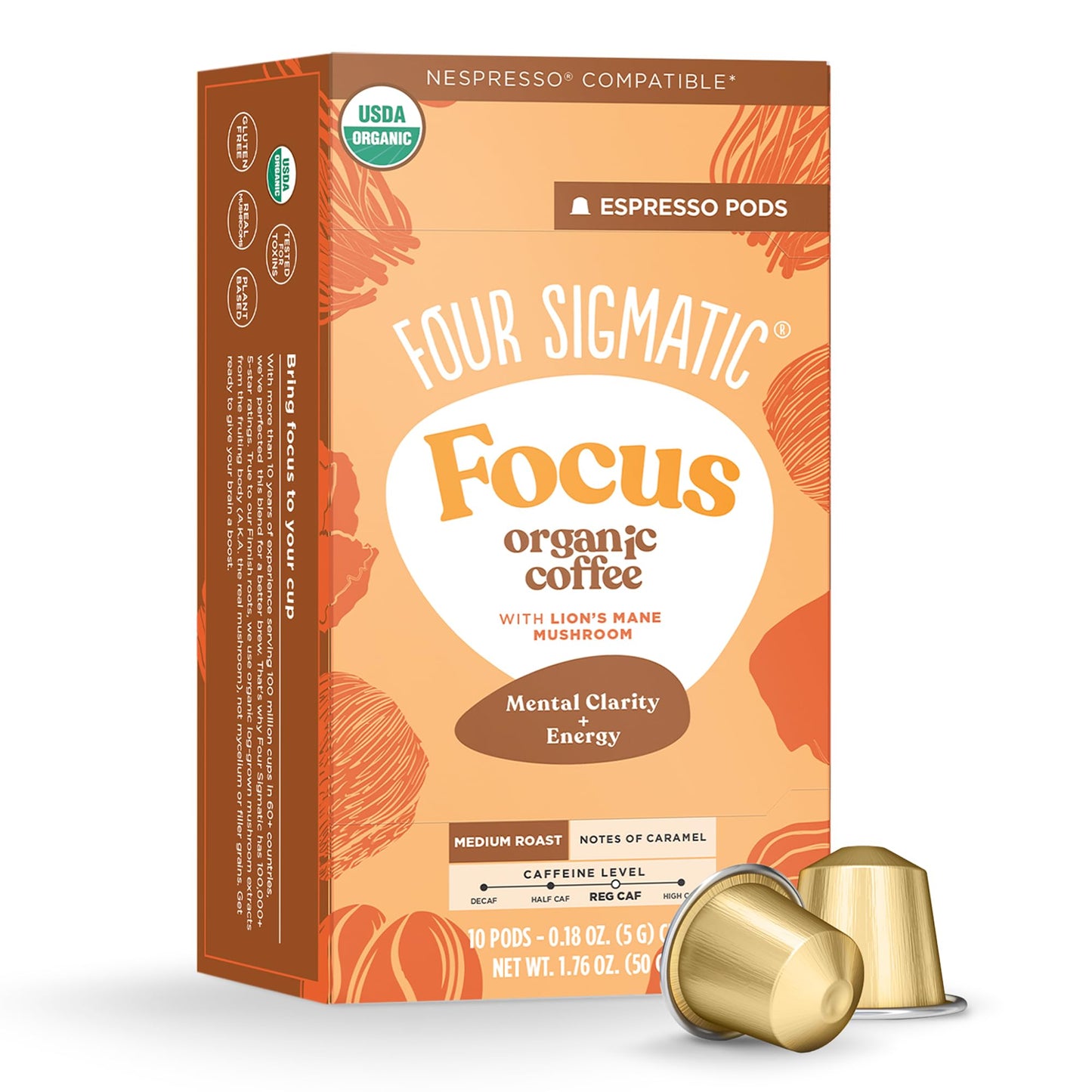Four Sigmatic Focus Coffee Pods Compatible with Nespresso Original | Organic Medium Roast Espresso with Added Focus | Mushroom Coffee Enhanced with Lions Mane | Medium Roast 10ct