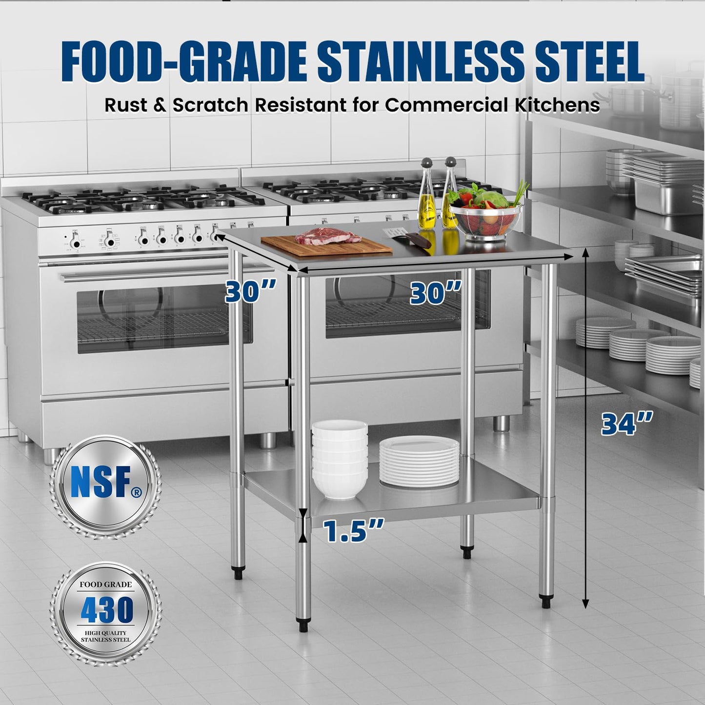 Stainless Steel Work Table 30 x 30 Inch with Adjustable Undershelf, Heavy-Duty Metal Prep Table for Commercial Kitchen & Restaurant, Garage, Outdoor