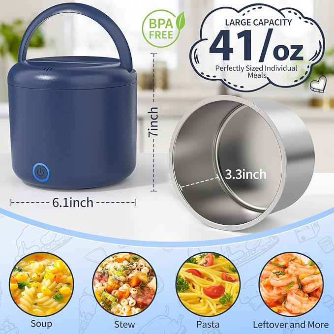 41-Ounce Electric Lunch Box 80W Heated Lunch Box, Portable Food Warmer for Work with 1.2L 304 Stainless Steel Container and 12V/24V/110V/220V Compatibility in Car Truck