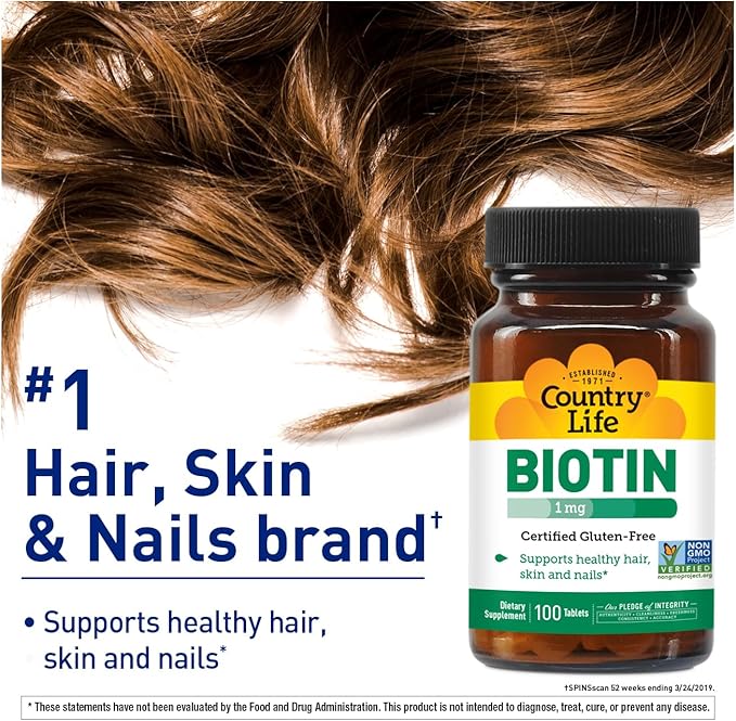 Country Life Biotin 1mg Supports Healthy Hair, Skin & Nails, 100 Tablets, Certified Gluten Free, Certified Vegan, Certified Halal, Non-GMO Verified