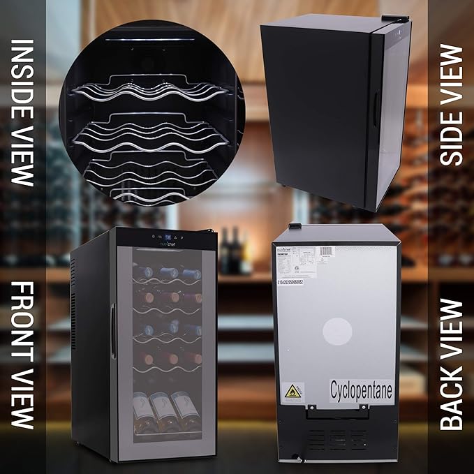 NutriChef Compressor Refrigerator White & Red Chiller Countertop Cooler-Freestanding Compact Mini Wine 15 Bottle Capacity, Digital, Glass Door, Black, Quiet Operation Fridge Touch Temperature Control