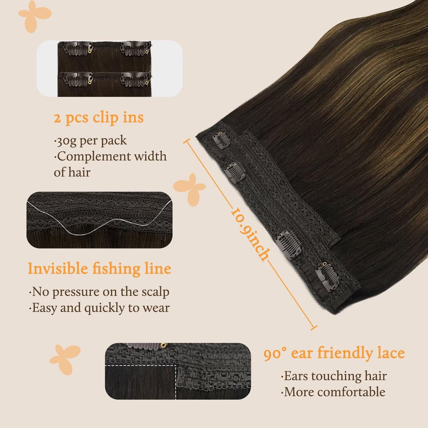 DOORES Wire Hair Extensions, Balayage Chocolate Brown to Caramel Blonde 16 Inch 95g Fish Line Weft Extensions and 2pcs 30g Clip