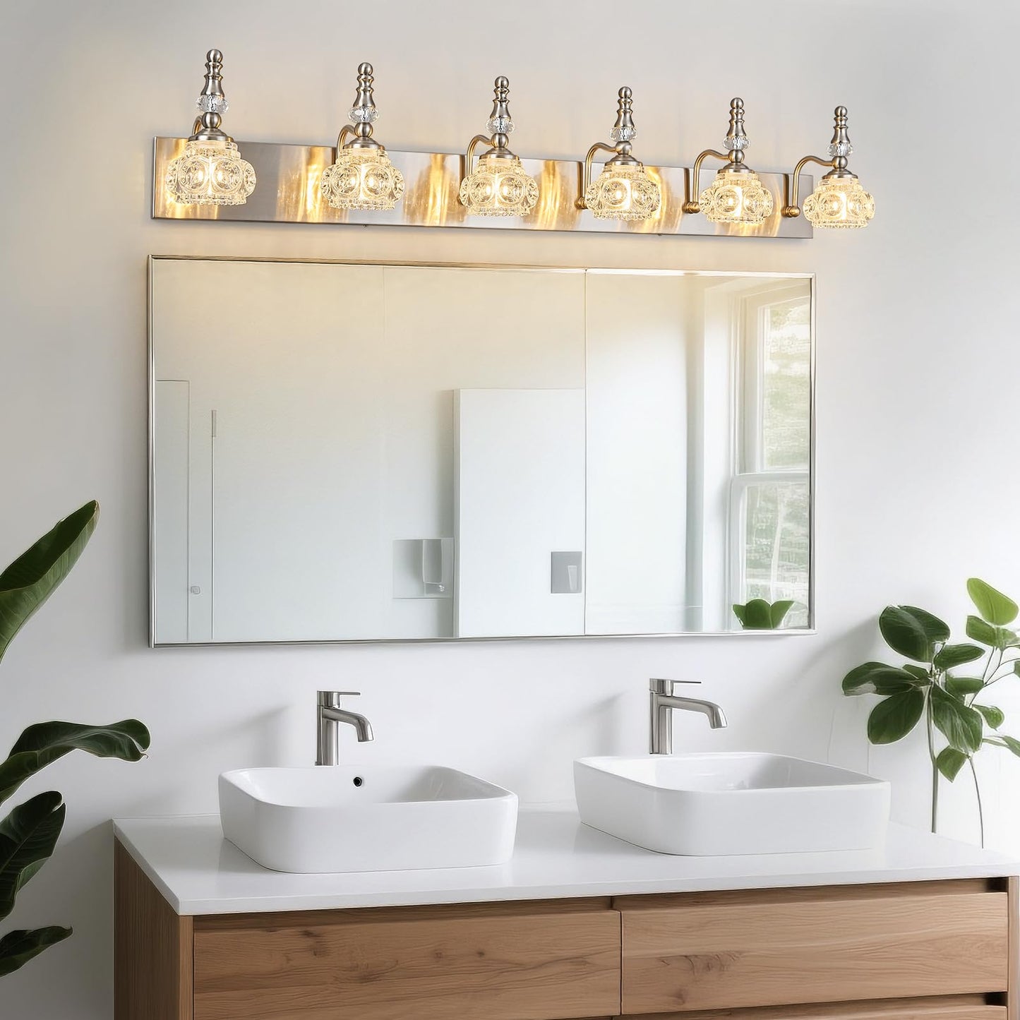 Lbsqj Modern Glass Crystal Vanity Light - Vintage Bathroom Lighting Fixtures Over Mirror  6 Light Vanity Lights G9 Bulb (43.3 Inch  Nickel)