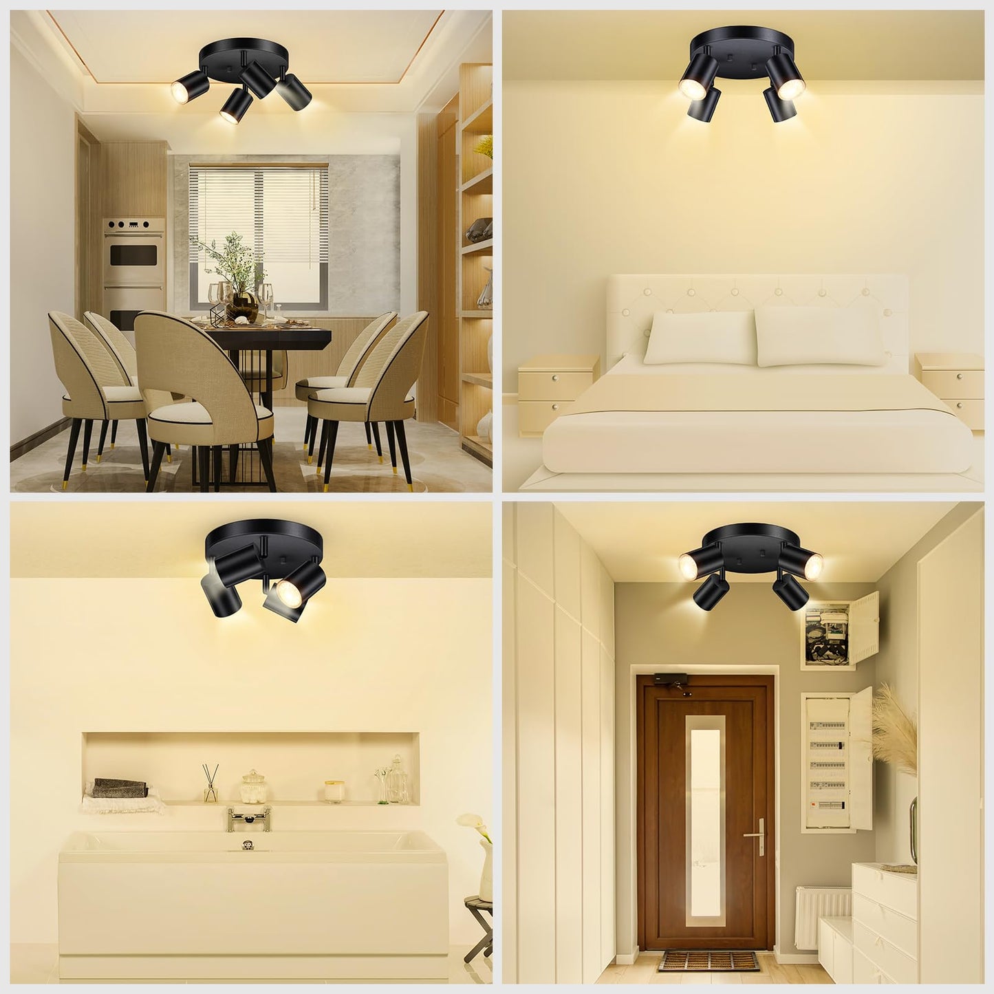 BoostArea LED 4 Light Track Lighting Kit, LED Track Lighting Fixtures, Black Round Ceiling Spot Lighting, Flexibly Rotatable Light Head for Kitchen, Living Room, Bedroom, GU10 Bulb Not Included