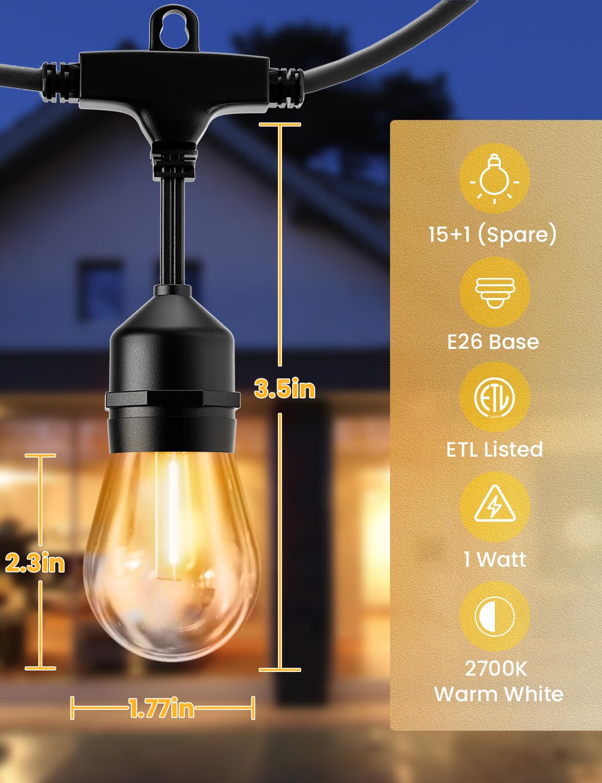 Svater Outdoor LED String Lights, 25FT, 9 Shatterproof Bulbs, Dimmable, IP65 Waterproof, Warm White, Model ILE26-1802508