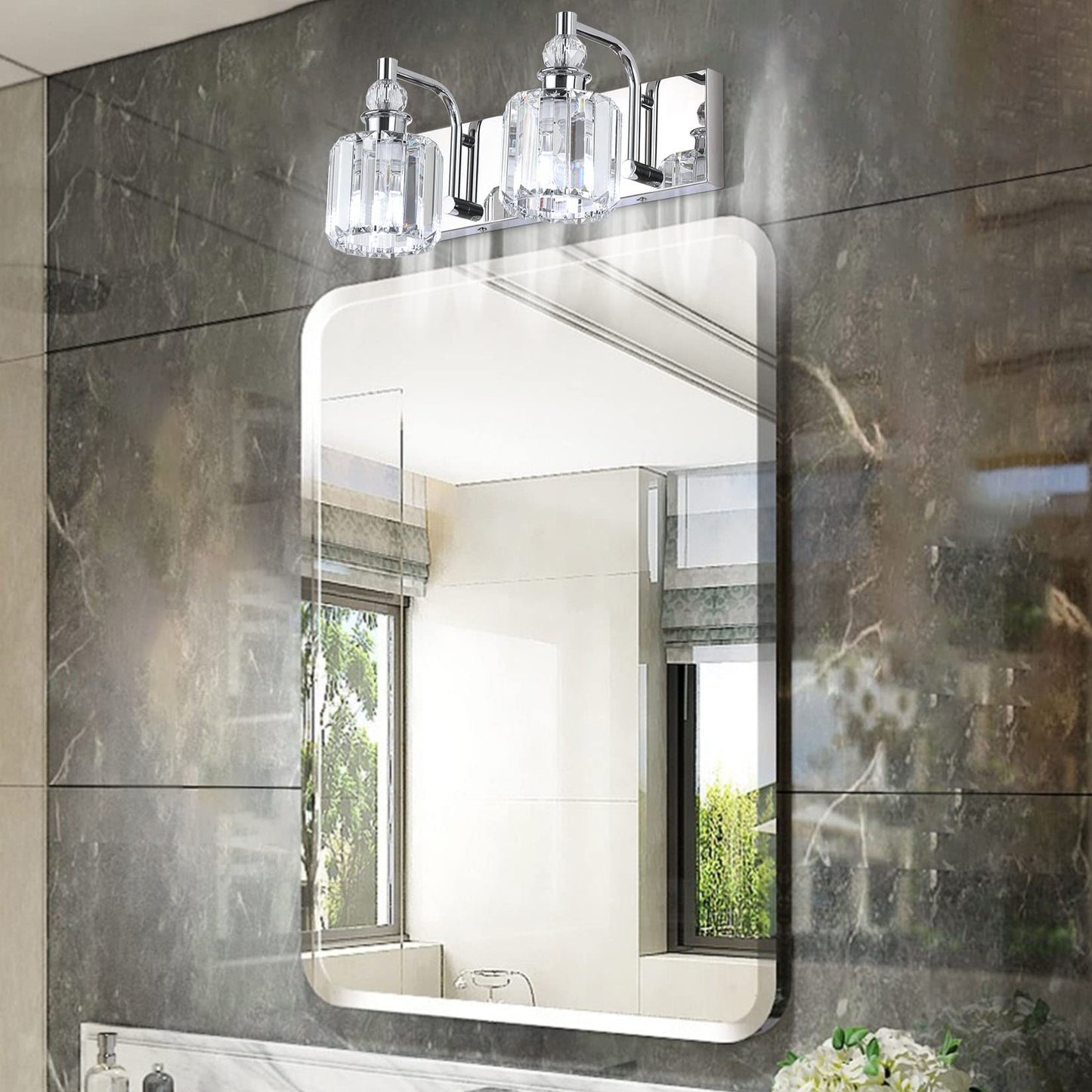 Ralbay Crystal Vanity Light - Modern Chrome 2-Light Bathroom Fixture, 15 Stainless Steel, Model 8605