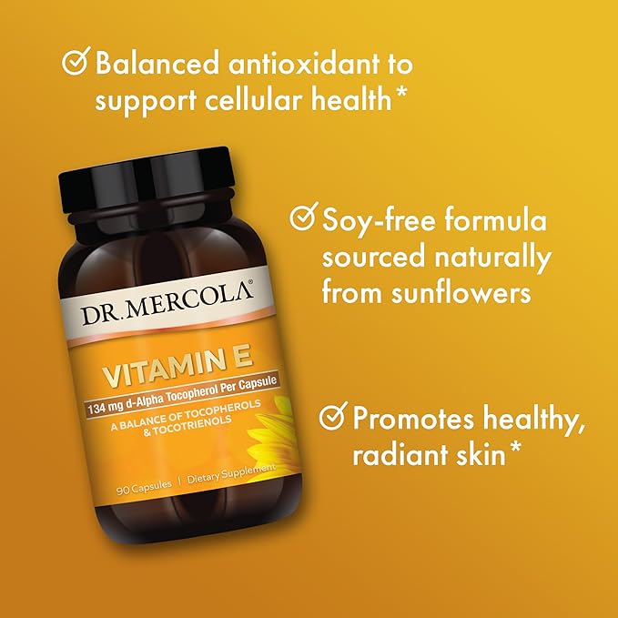 Dr. Mercola Vitamin E, 90 Servings (90 Capsules), 134 mg Per Capsule, Dietary Supplement, Supports Healthy Skin, Non-GMO