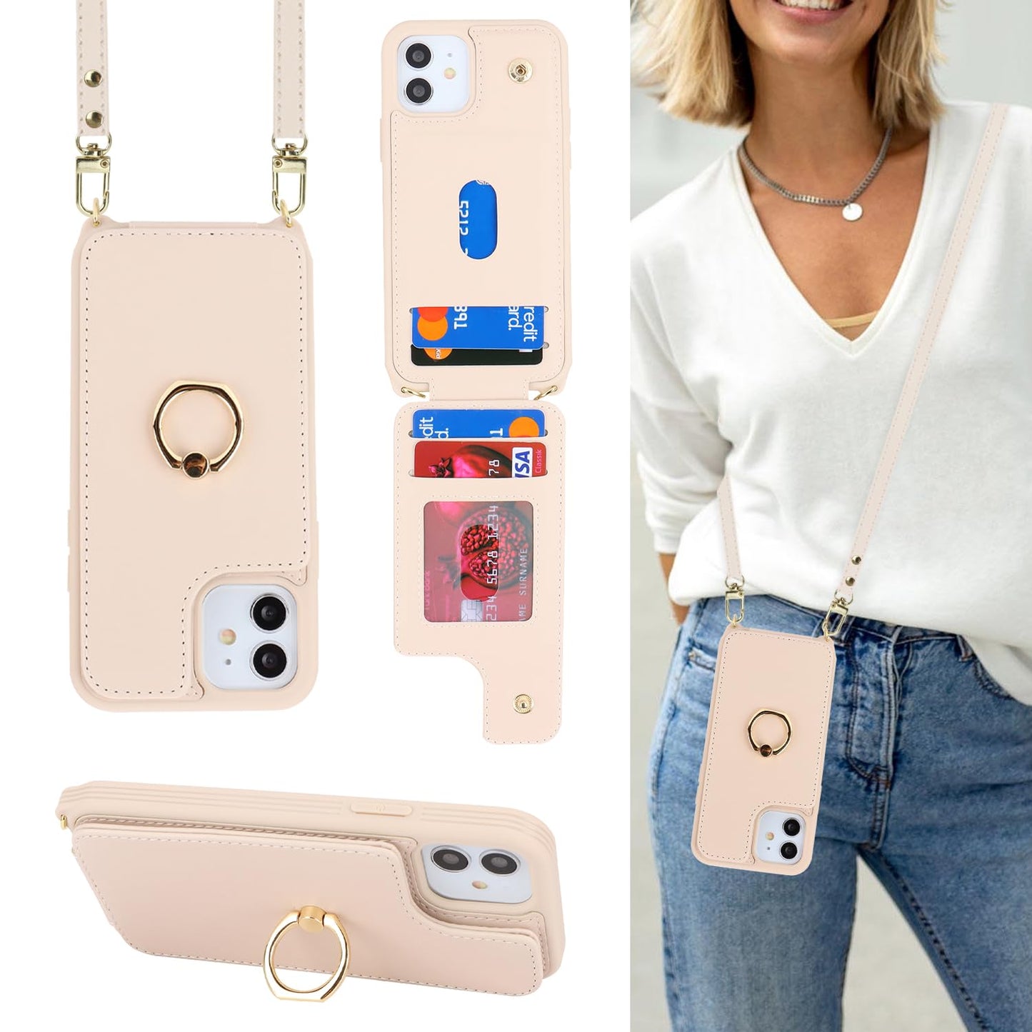 Lipvina For Iphone 11 Phone Case With Card Holder And Strap For Women,Crossbody Lanyard,Kickstand Ring Stand,Snap Clasp,Phone Wa