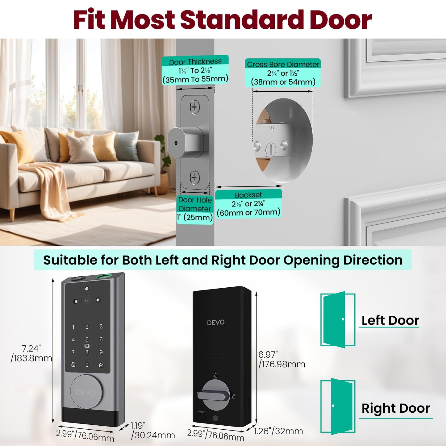 DEVO G1 Video Smart Lock with Camera & Doorbell, 6-in-1 Keyless Entry Door Lock with Fingerprint, App Remote, Auto Locks, Built-in Wi-Fi Smart Deadbolt for Front Door(Gray)