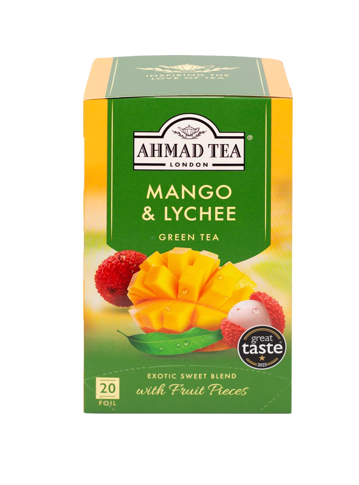 Ahmad Tea Mango & Lychee Flavored Green Tea with Fruit Pieces, 20 Count, Pack of 6