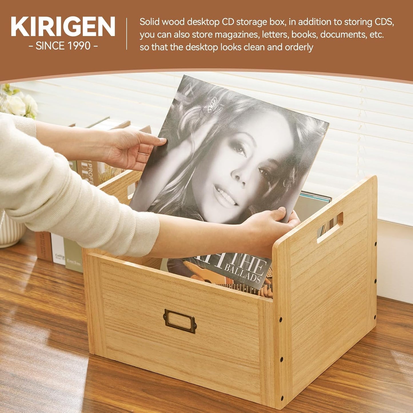 KIRIGEN Wooden Vinyl Record Storage Box Storage Crate Box for LP Hold Up to 80 Records Natural CDH-NA