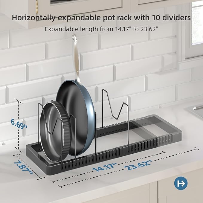 Pots and Pans Organizer under Cabinet, Expandable Pot Lid Organizer Holder with 10 Adjustable Compartment, Pan Organizers inside Cabinet for Lids, Bakeware, Kitchen Storage Pot Rack, Black