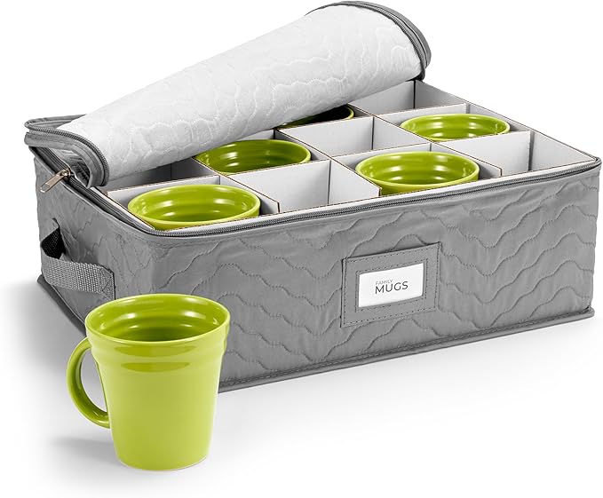 Sorbus Coffee Mug Organizer - Display Storage Case with Quilted Exterior, Label Windows, Handles & Dividers (Fits 12 Mugs)