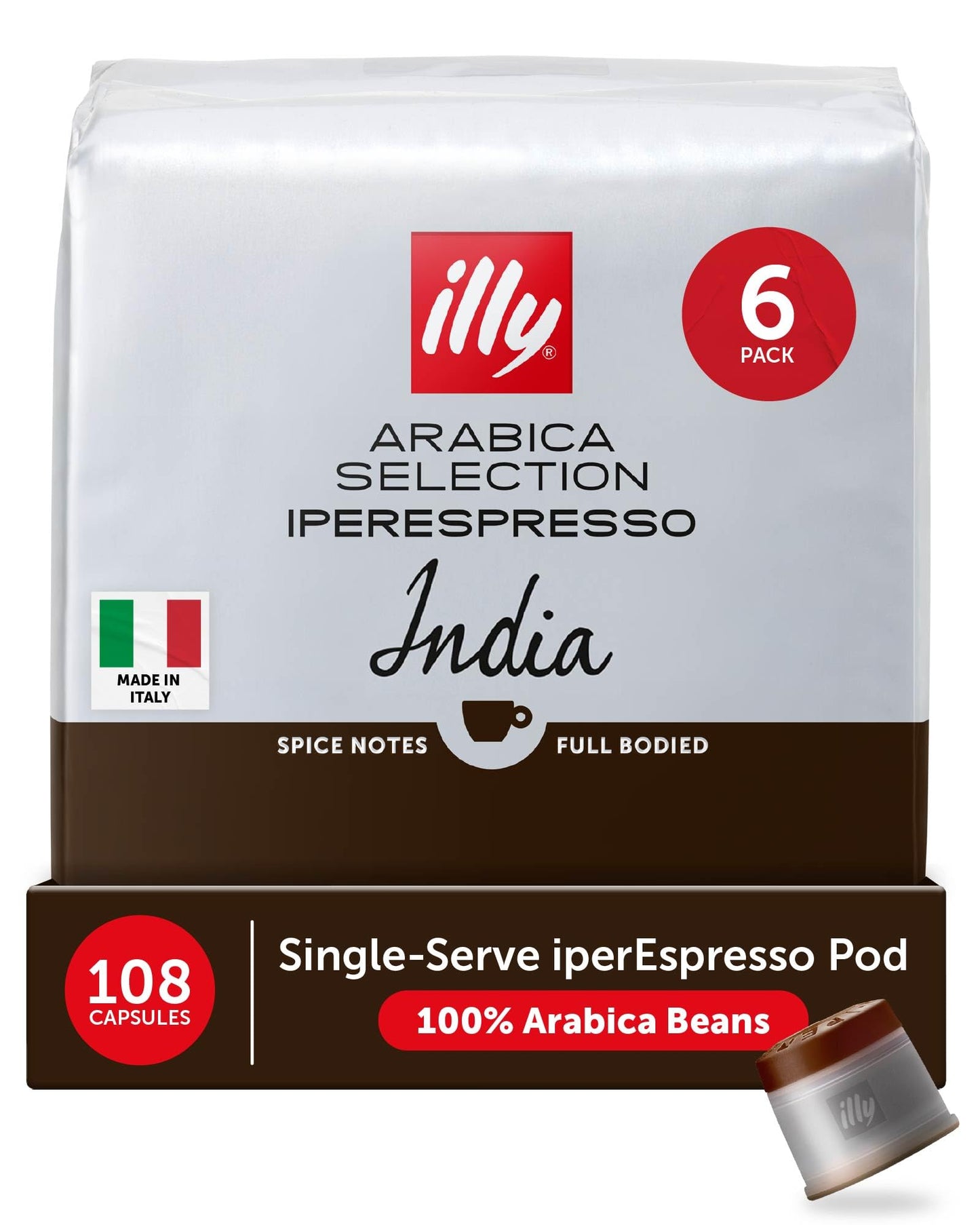 Illy Coffee IperEspresso Capsules - Single-Serve Coffee Capsules & Pods - Single Origin India Dark Roast - Notes of Black Pepper and Extra-Dark Chocolate - 100% Arabica - 18 Count (Pack of 6)