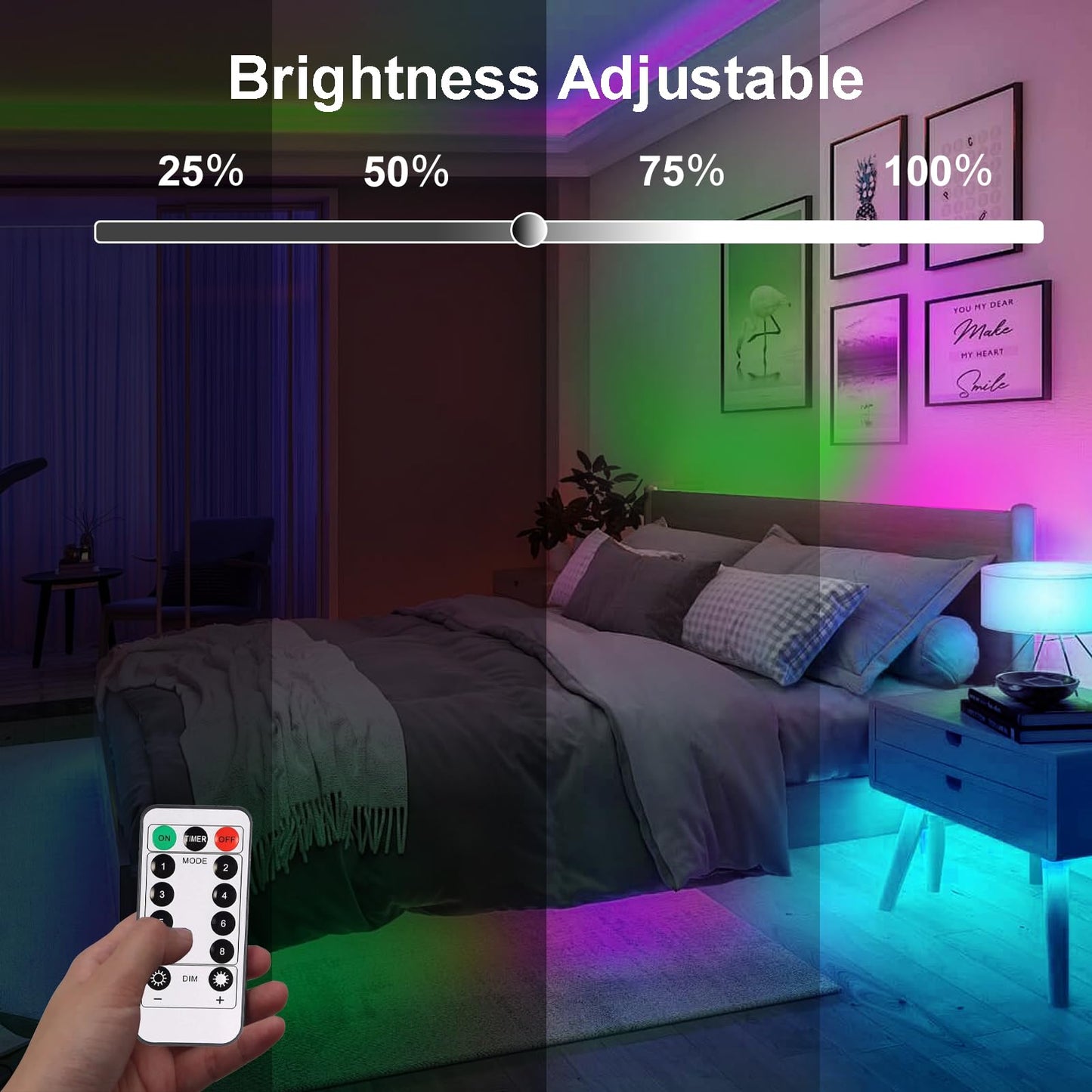 Smart Direct Rgb Led Strip Lights, 9.8Ft, 90 Leds, Battery Operated, Waterproof, Multicolor, Remote Timer, Dimmable For Indoor/Outdoor Use