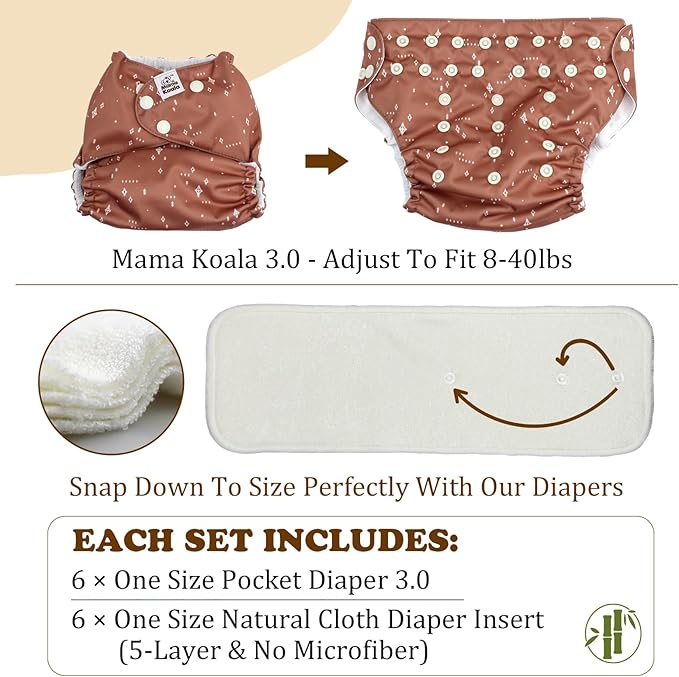 Mama Koala 3.0 Pocket Cloth Diapers for Babies with AWJ Lining, 6 Pack with 6 5-Layer Natural Cloth Diaper Inserts - Reusable and Washable Pocket Diapers(A-Mushrooms)