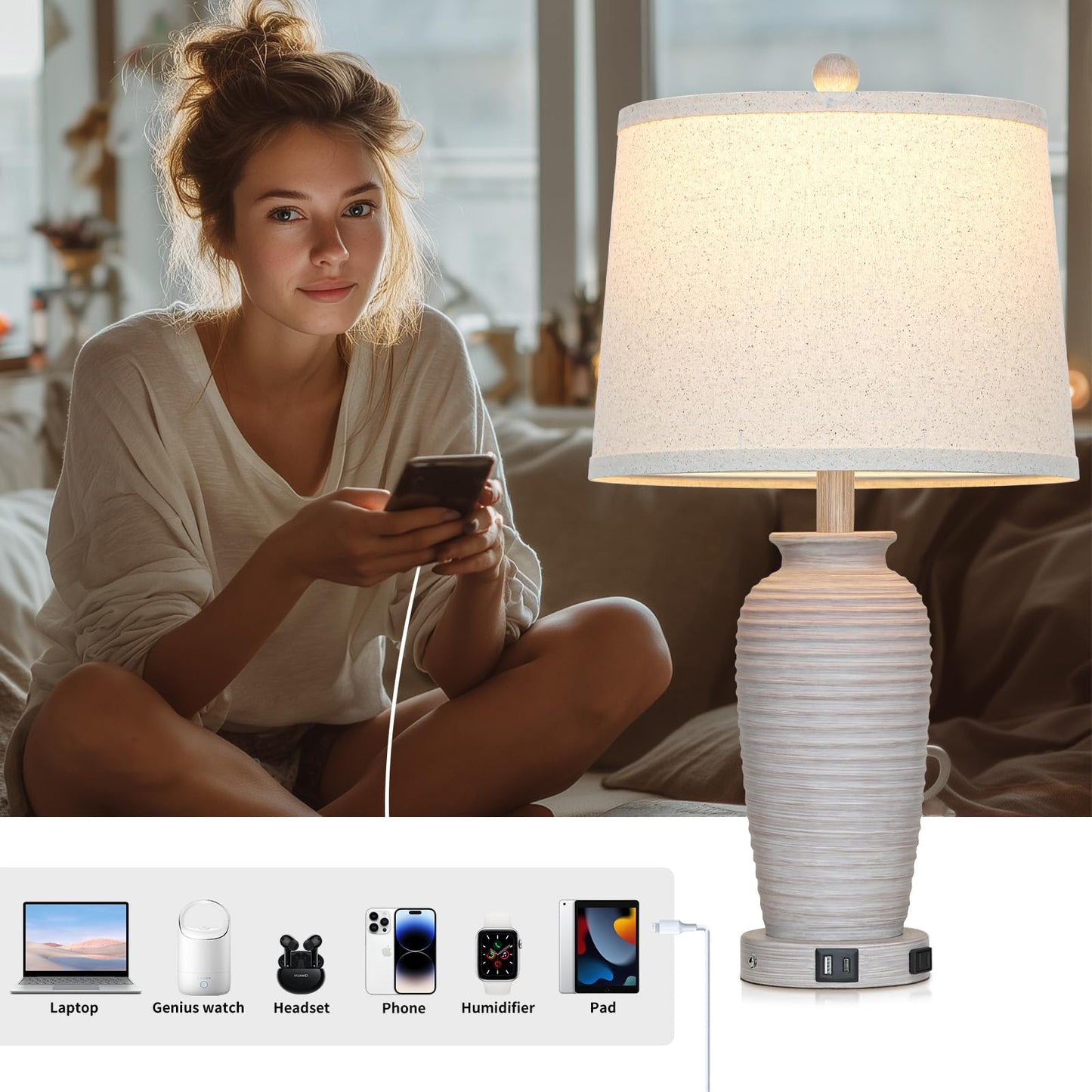 CINSARY 25in Vintage Farmhouse Table Lamp with USB Ports & AC Outlet, Grey White, Resin, Model TD-CS-328-1PK