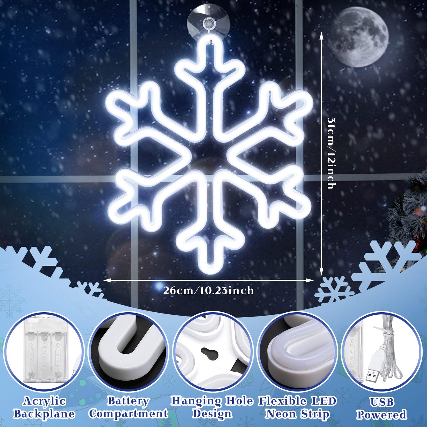 Vihose 4 Pcs Large Christmas Window Snowflake Lights 12 Inches Battery Powered Led Neon Hanging Lights Snowflake Shaped Sign Decorations For Xmas Tree Holiday Wall Porch Indoor Outdoor Decor