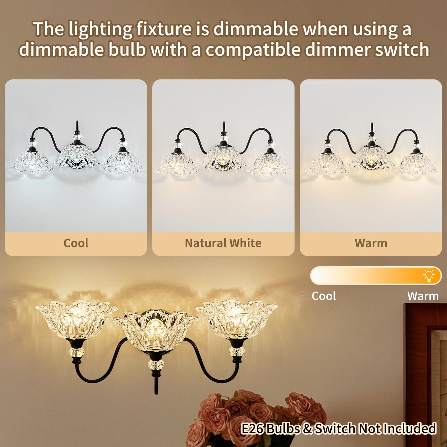 Black Bathroom Vanity Light 3-Light Vanity Light With Crystal Glass Shades Vintage Farmhouse Vanity Lighting For Bathroom And Dressing Table