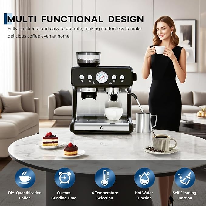 Stainless Steel Espresso Machine with Grinder and 20 Bar Pressure, 2.8l Removable Water Tank, Milk Frother Steam Wand for Latte and Cappuccino, Adjustable Shot Volume,Black