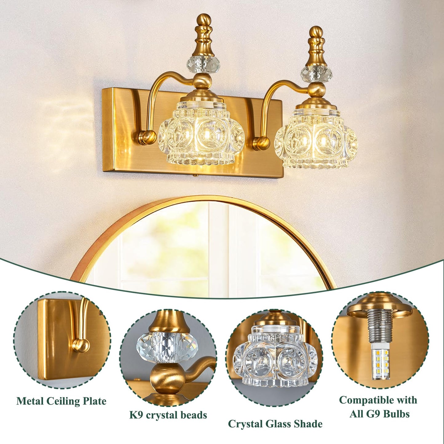 Lbsqj Modern Glass Crystal Vanity Light - Vintage Bathroom Lighting Fixtures Over Mirror  2 Light Vanity Lights G9 Bulb (11.81 Inch  Gold)