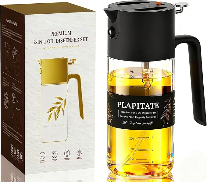 17oz/500ml Premium Olive Oil Sprayer for Cooking, 2 in 1 Glass Olive Oil Dispenser Bottle for Kitchen Gadgets, Spray Bottle with Portion Control for Salad, Frying, BBQ (Black)