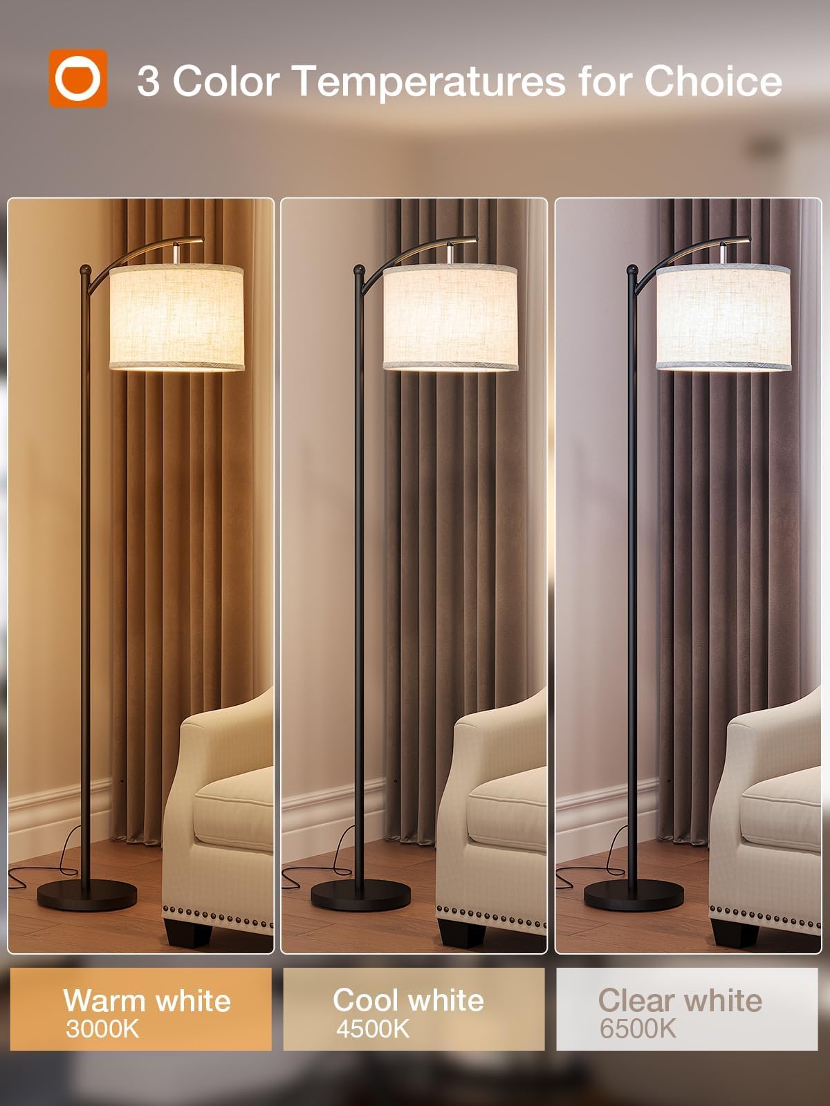 addlon Floor Lamp with Linen Shade, 64 Inch, 3 Color Temperatures, Black with Beige Shade, Model gjynf-832, 9W LED Bulb Included