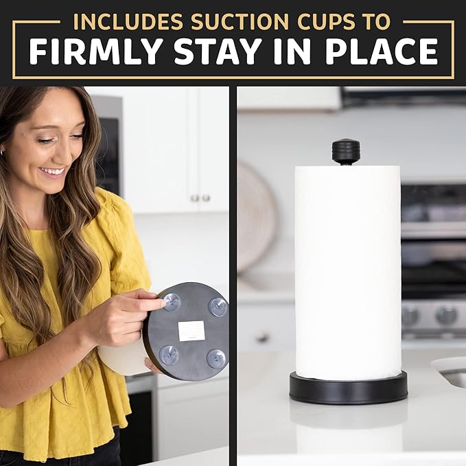 Dear Household Stainless Steel Paper Towel Holder Easy One-Handed Operation - This Sturdy Weighted Paper Towel Dispenser Countertop Model Has Suction Cups and Holds All Paper Towel Rolls - Black