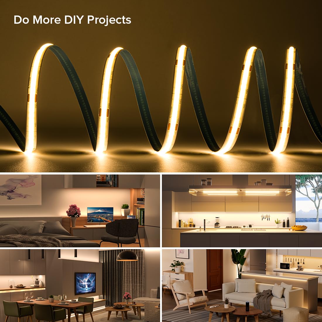 FCOB 16.4FT COB LED Strip 480 LEDs/m Dimmable DC24V Warm White 3000K for Kitchen Bedroom Home Decor