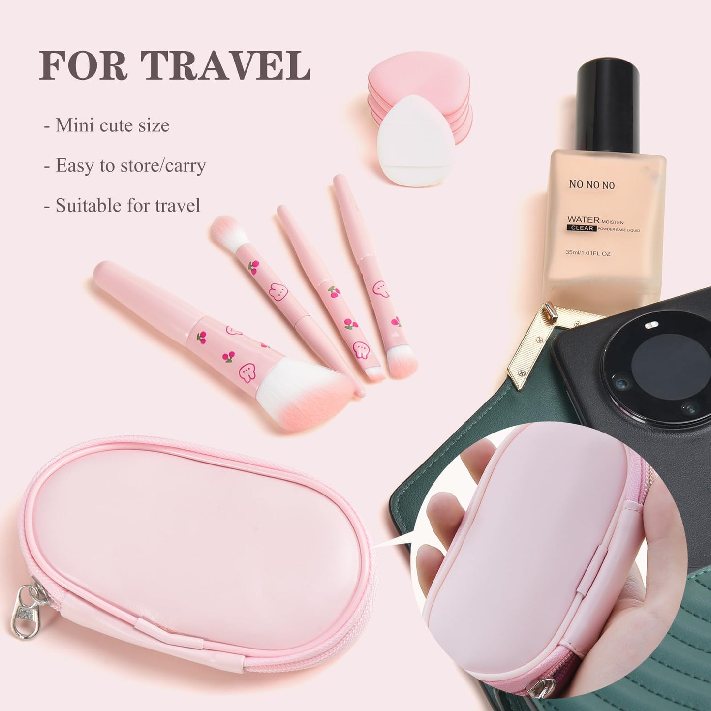 5Pcs Pink Printed Travel Makeup Brushes With Bag and 5Pcs Finger Puff Cosmetic Tool Kit Soft synthetic Fiber for Foundation, Pow