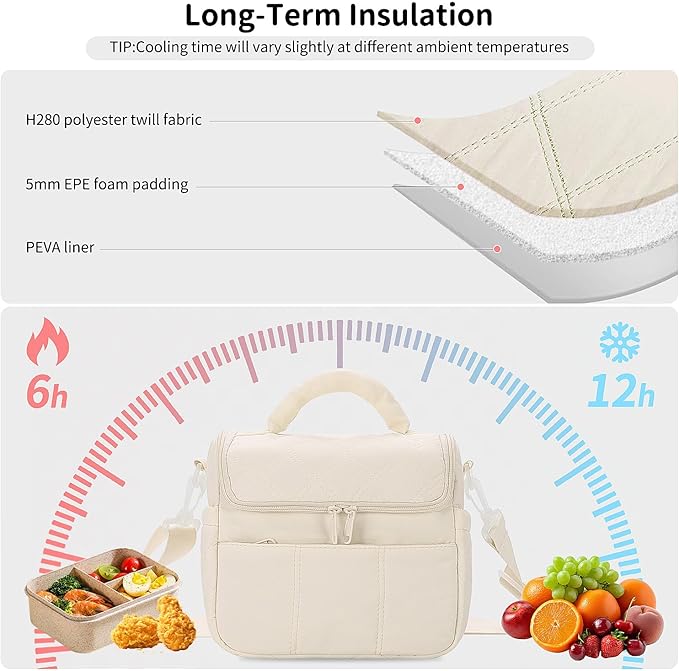Insulated Lunch Bags, Cute Quilted Lunch Box for Women, Lightweight Puffy Padded Waterproof Lunch Tote, Reusable Lunch Cooler for Work Picnic Travel