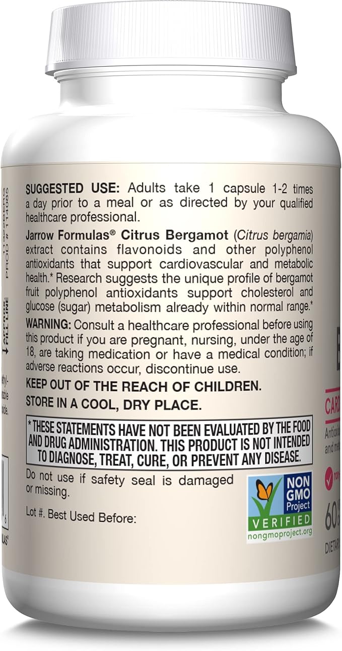 Jarrow Formulas Citrus Bergamot 500 mg - 60 Servings (Veggie Caps) - Antioxidant Support for Cardiovascular & Metabolic Health - Dietary Supplement - Gluten Free - Use with Jarrow Formulas QH-absorb