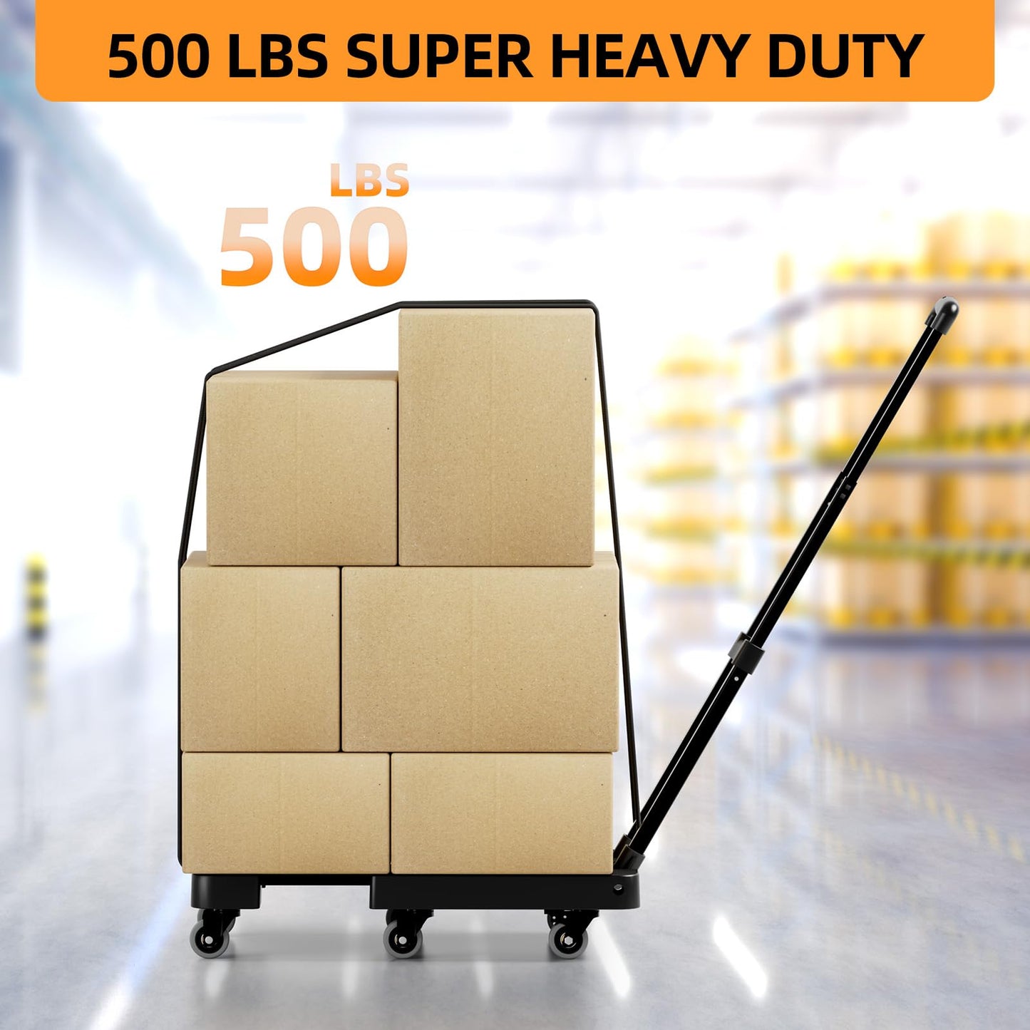 TROOZY Folding Hand Truck, 500 LB Heavy Duty Luggage Cart, Utility Dolly Platform Cart with 6 Wheels & 2 Elastic Ropes for Luggage, Travel, Moving, Shopping, Office Use, Black