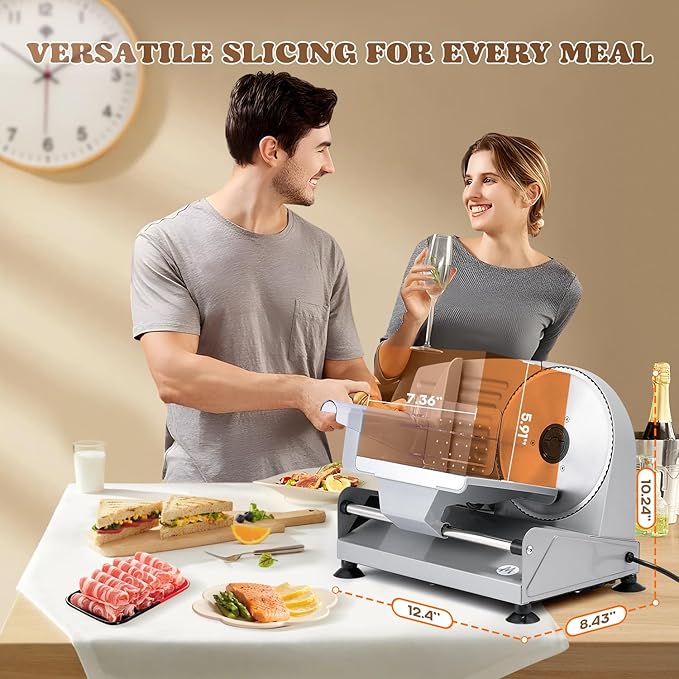 Moongiantgo Electric Meat Slicer 200W With 2 Removable 7.5’’ Stainless Steel Blades, 0-15MM Adjustable Thickness for Home Use, Child Lock Protection, Meat Cheese Bread Deli Food Slicer Machine, 110V