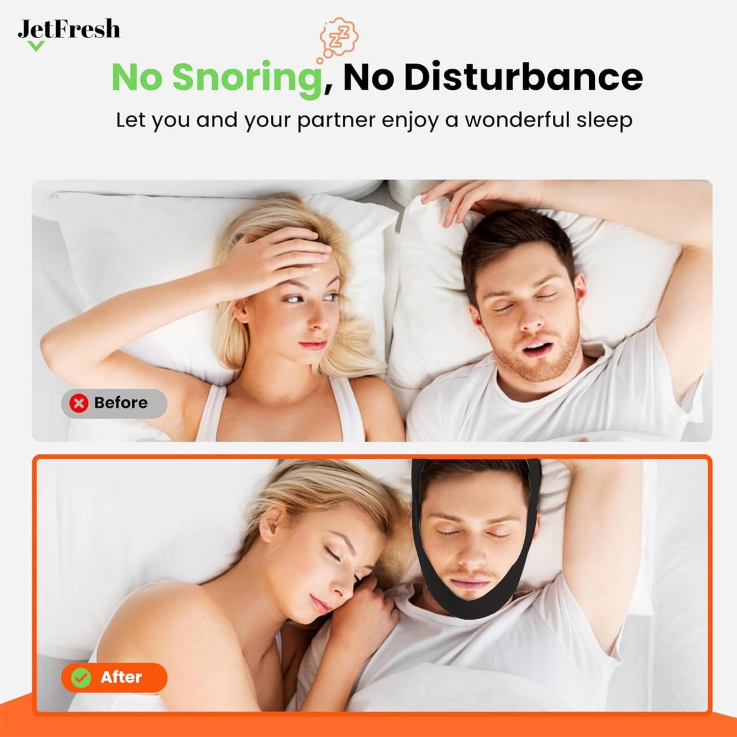 JetFresh Chin Strap for Sleeping and Snoring - Black Anti Snoring Device for Men and Women, Breathable and Skin-Friendly Snore Stopper with Adjustable Fit That Holds Jaw in Place & Supports CPAP Users