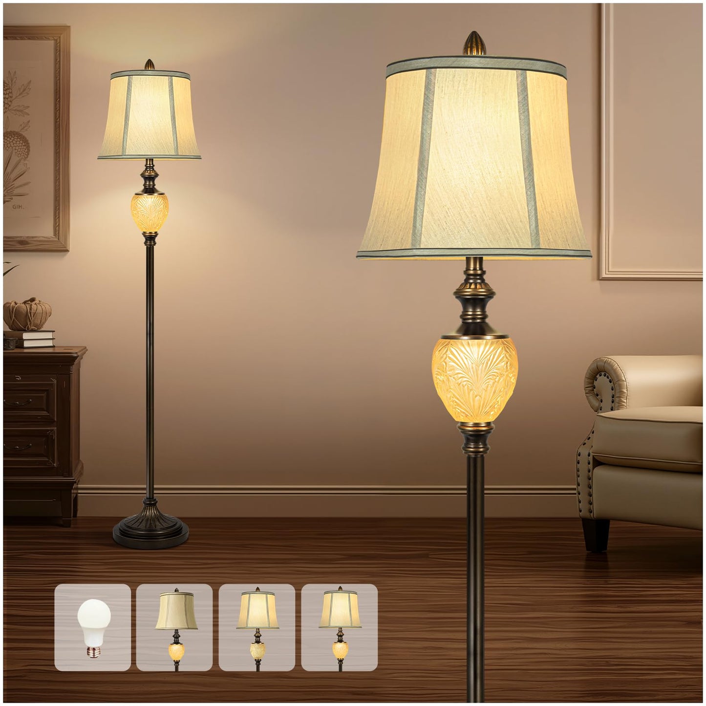 LuxSight Vintage Floor Lamp, 64in Tall, Dark Bronze, Beige Faux Silk Shade, Rotary Switch, Model PL8018-FLNO