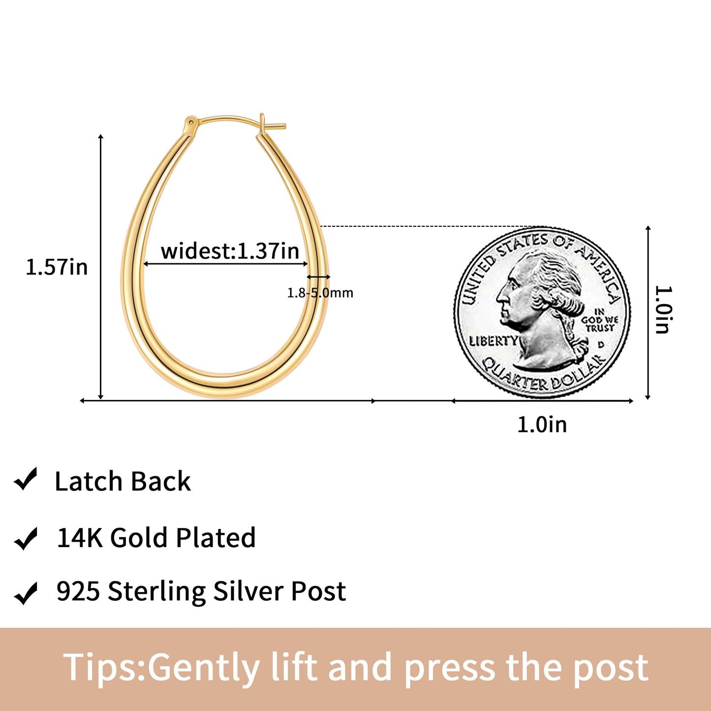 Gacimy Gold Chunky Hoop Earrings for Women, 14K Gold Plated Oval Hoop Medium Earrings with 925 Sterling Silver Post, 40mm Yellow