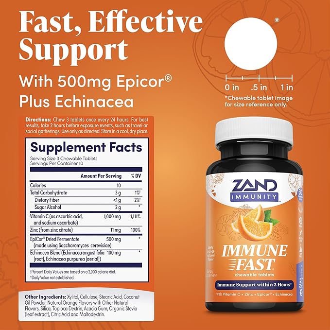 Zand Immune Fast Zesty Orange Chews | Boosts Immune Response & Cell Activity w/EpiCor*, Echinacea, 30 Tablets, 10 Serv.