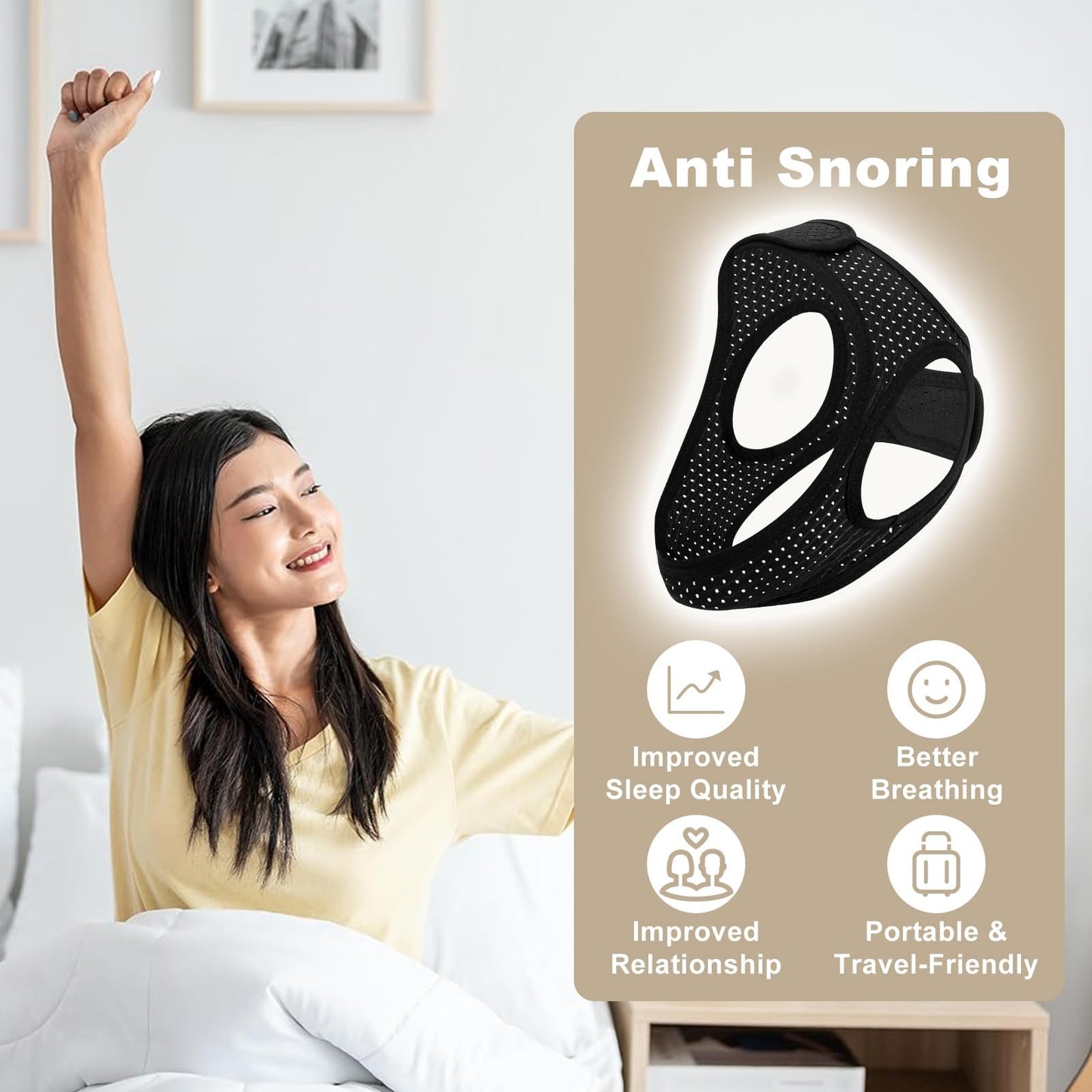 Sleep Apnea Devices - Chin Strap for Sleeping, Airflow Jaw Strap, Effective Anti Snoring Solution for Men and Women, Anti Snore Devices Breathable and Reusable (Black & 52CM & 1PCS）