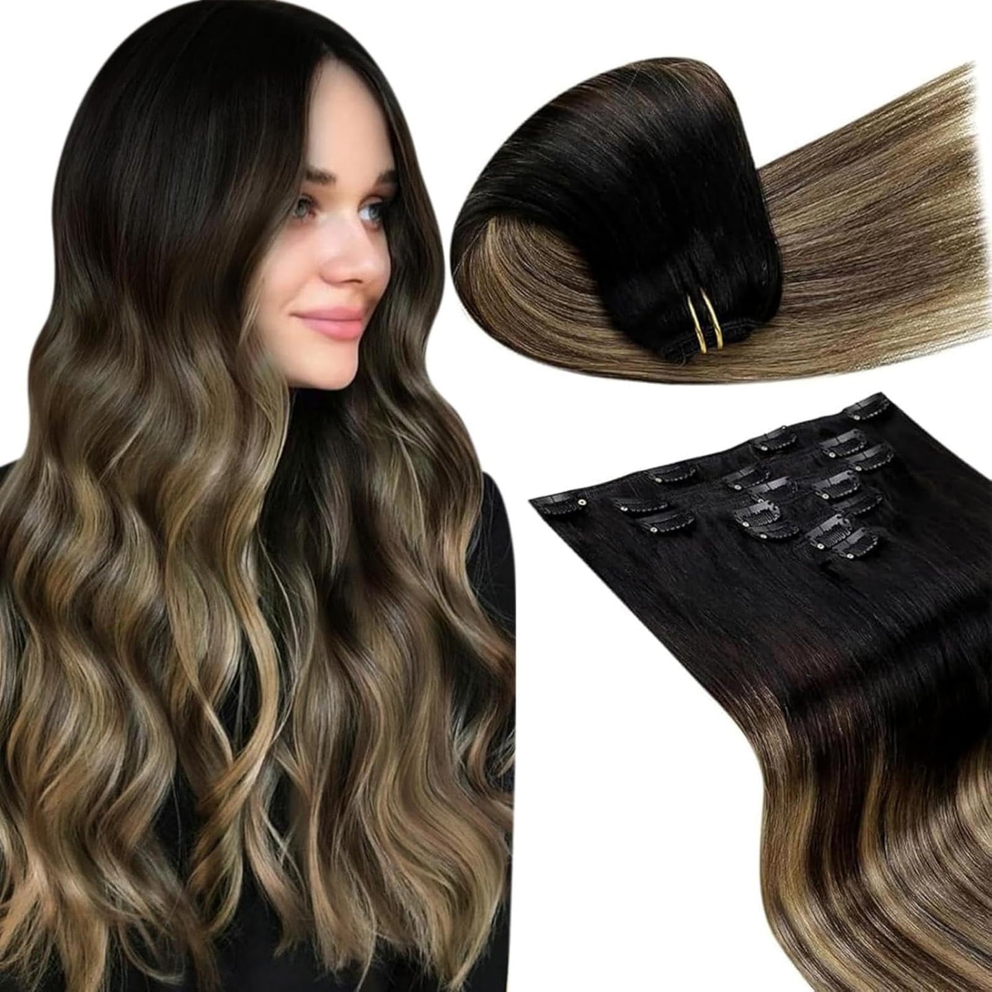 LaaVoo Clip in Hair Extensions Real Human Hair Black Ombre Human Hair Clip in Extensions Black Balayage Brown Mix Caramel Blonde