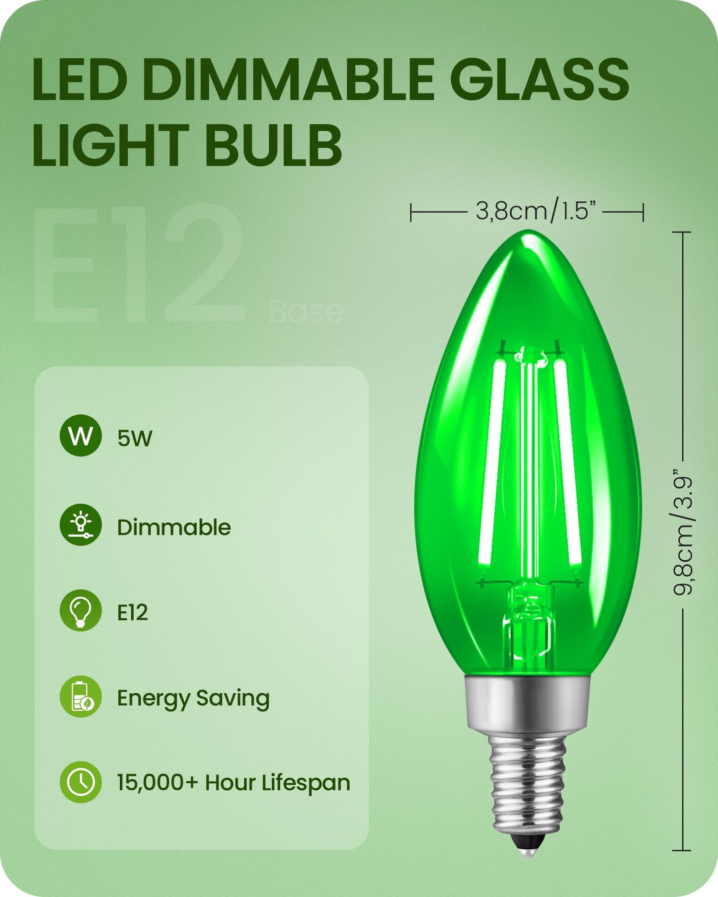 Goebleson Green E12 Led Light Bulbs  C35 5W (60W Equivalent) Glass Dimmable Chandelier Bulbs  Decorative Lighting For Christmas  Halloween  Party  Holiday Decoration  6 Pack J2C3P605