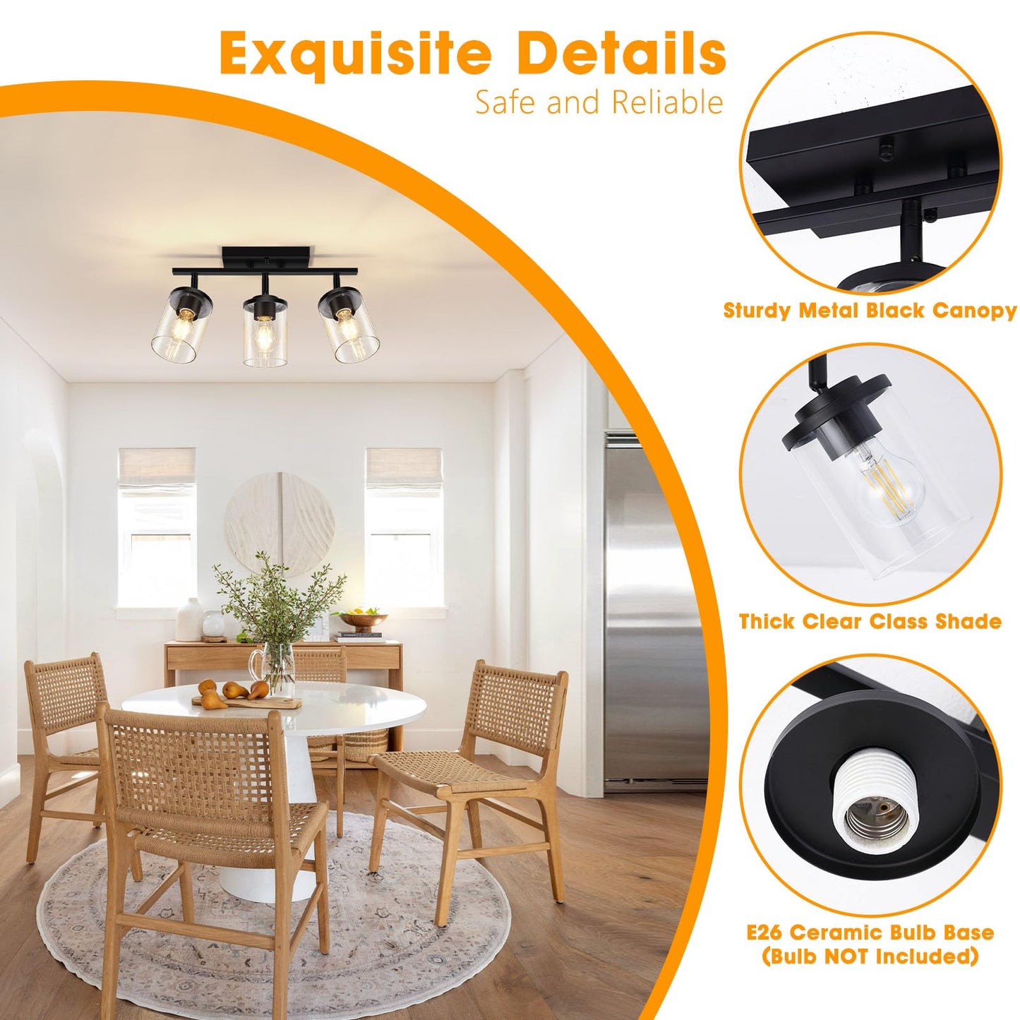 Fadimikoo 3-Lights Semi Flush Mount Ceiling Light  Adjustable Kitchen Light Fixtures Ceiling Mount With Clear Glass Shades  Rotatable Black Track Lighting Fixtures For Hallway  Foyer  Bedroom