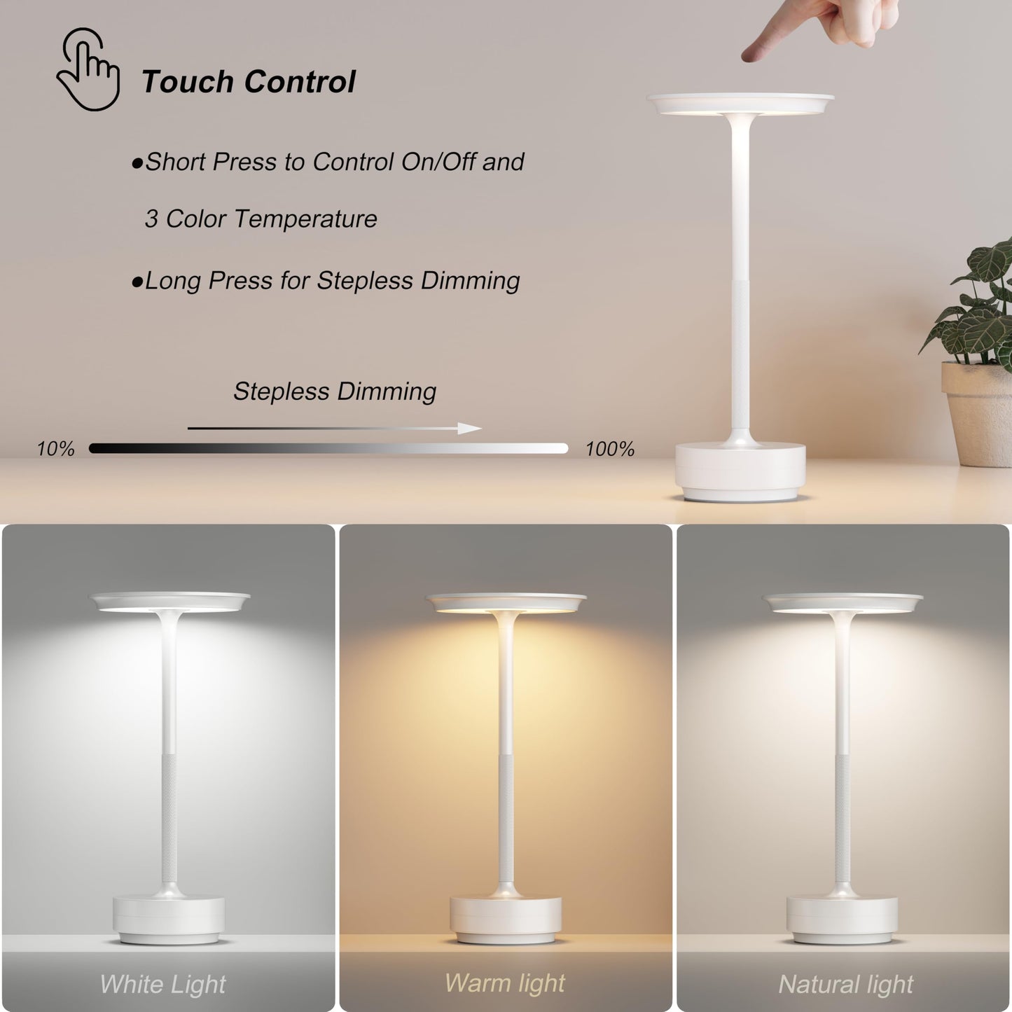 TBBGA Rechargeable Cordless Table Lamps, 5000mAh, 3 Color Dimming, Aluminum, Model T106C, White-2