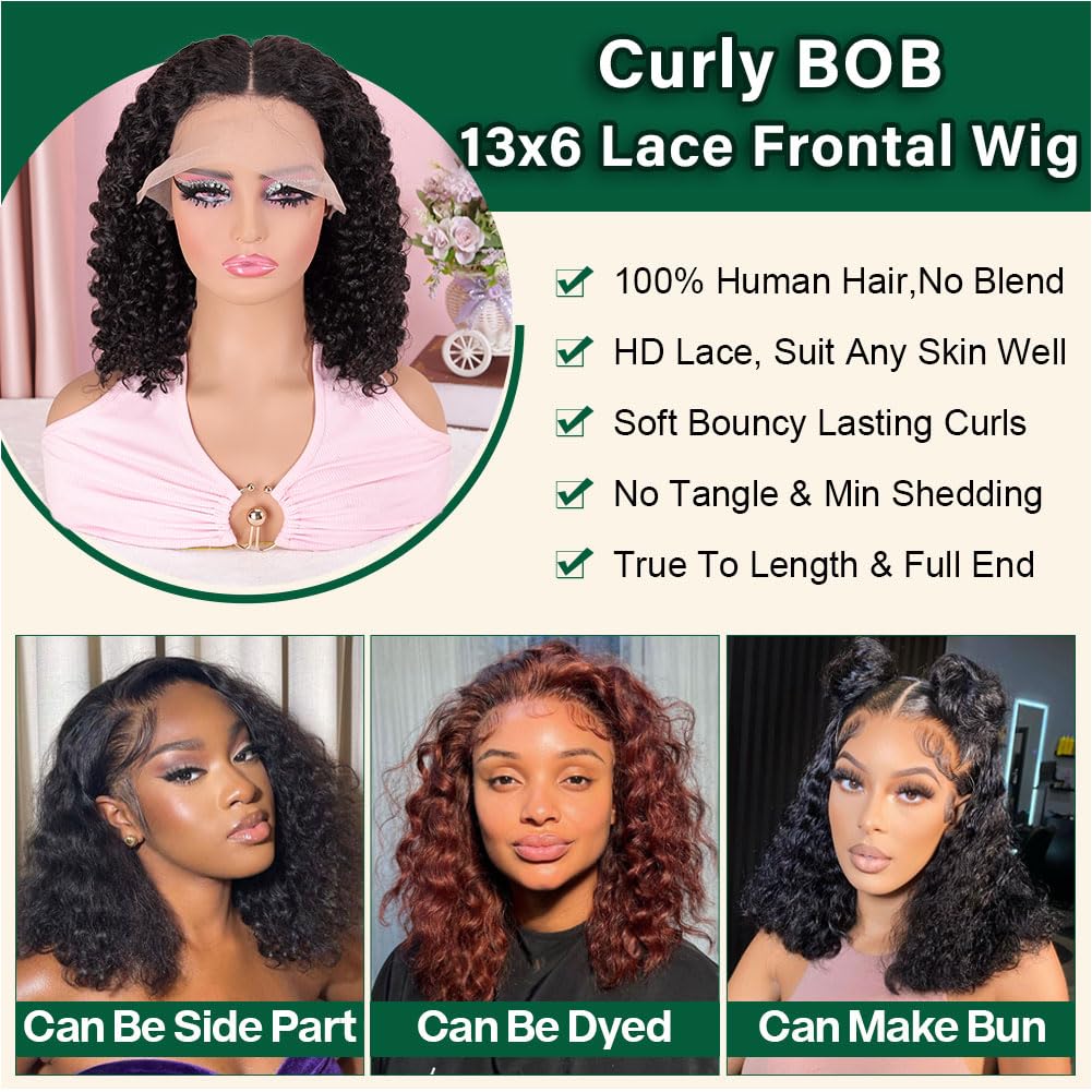 omswet Curly BOB Wig Human Hair 200 Denaity 13x6 HD Lace Front Deep Wave Wigs for Black Women Glueless Wear and Go Pre Plucked D