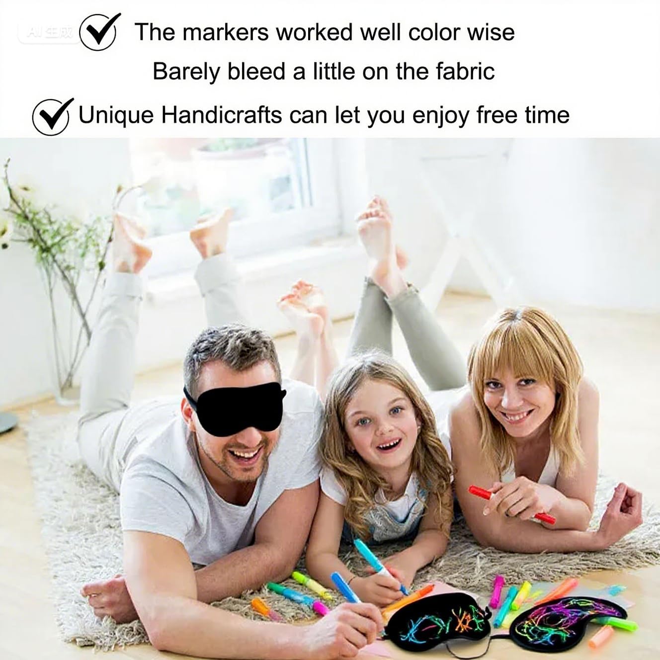 22 PCS Sleepover Party Supplies, 12 PCS Sleep Eye Masks Blindfold Slumber Eye Covering with 2 Sheets Self-Adhesive Heart Rhinestones Gems&8 PCS Fabric Marker Pens, Black