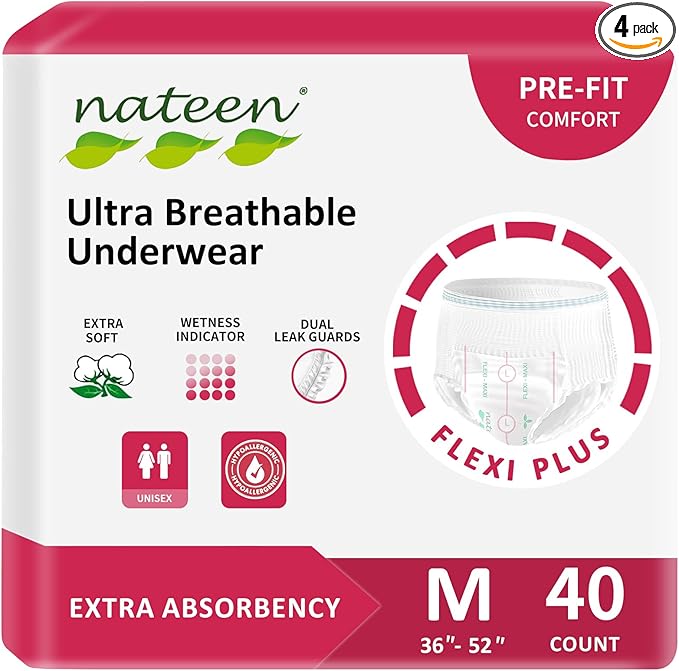 Nateen Flex Plus Adult Incontinence Underwear for Women and Men，Extra Absorbency Adult Pull Ups,Soft Cloth-Like Adult Diapers, Medium, 40 Count